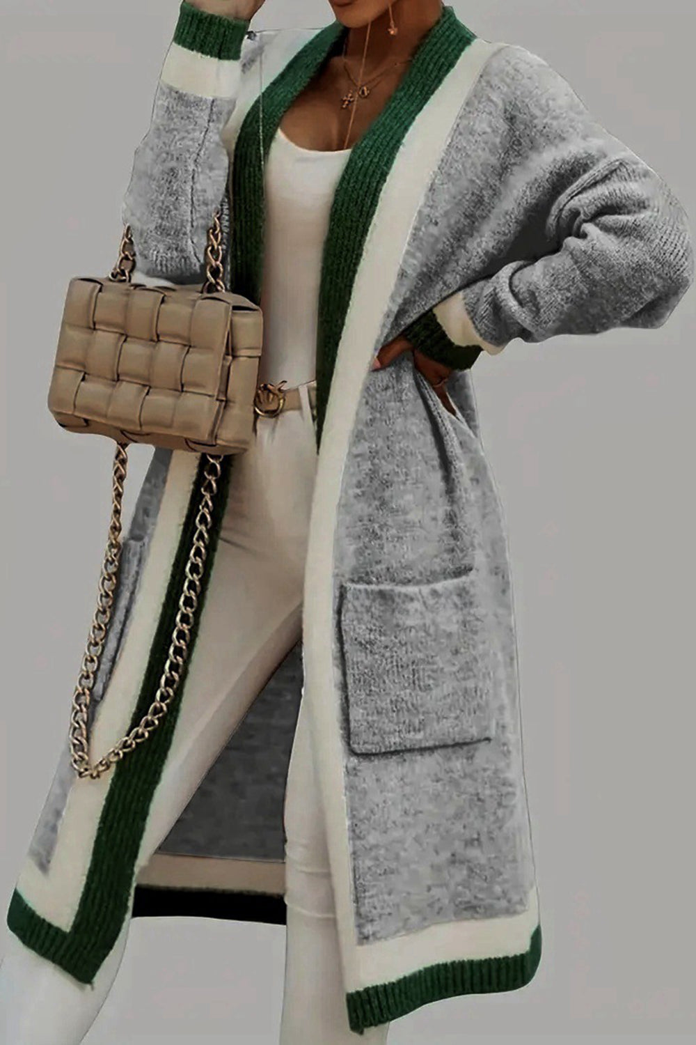 Pocketed contrast long sleeve hooded cardigan.