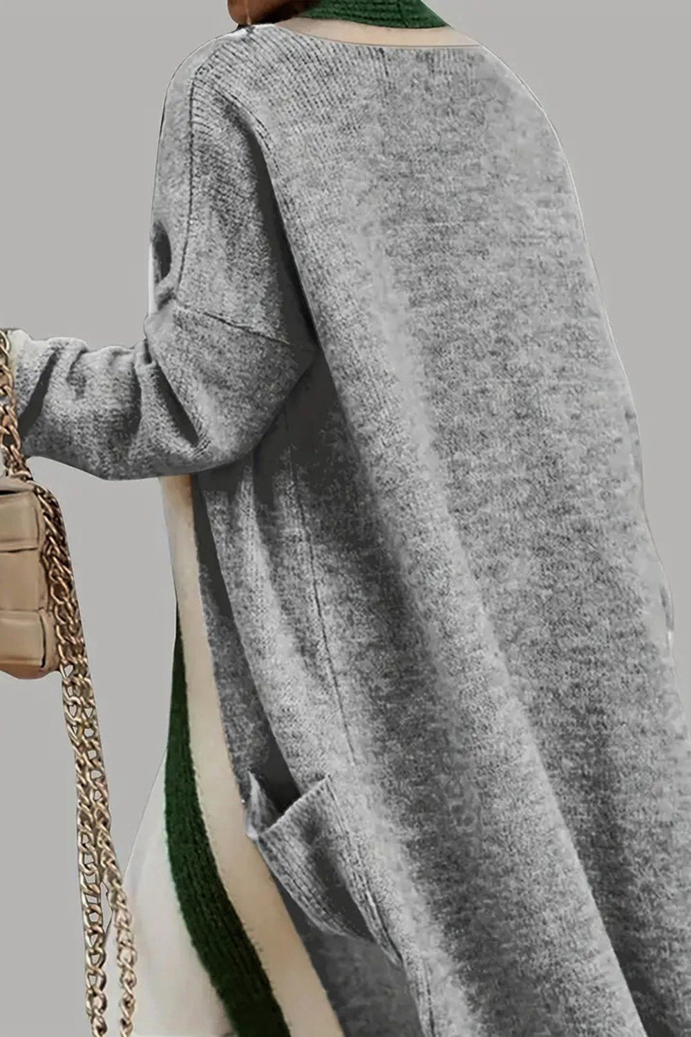 Pocketed contrast long sleeve hooded cardigan.