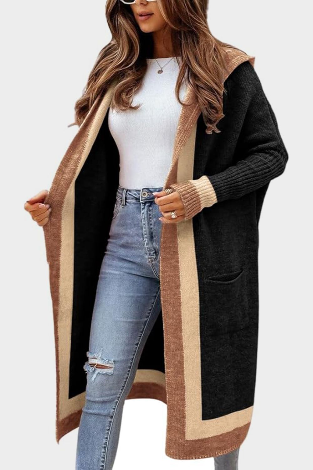 Pocketed contrast long sleeve hooded cardigan.