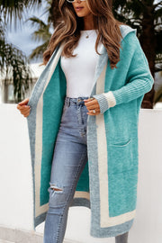Pocketed contrast long sleeve hooded cardigan.
