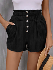 Solid drawstring smocked waist pocketed shorts.