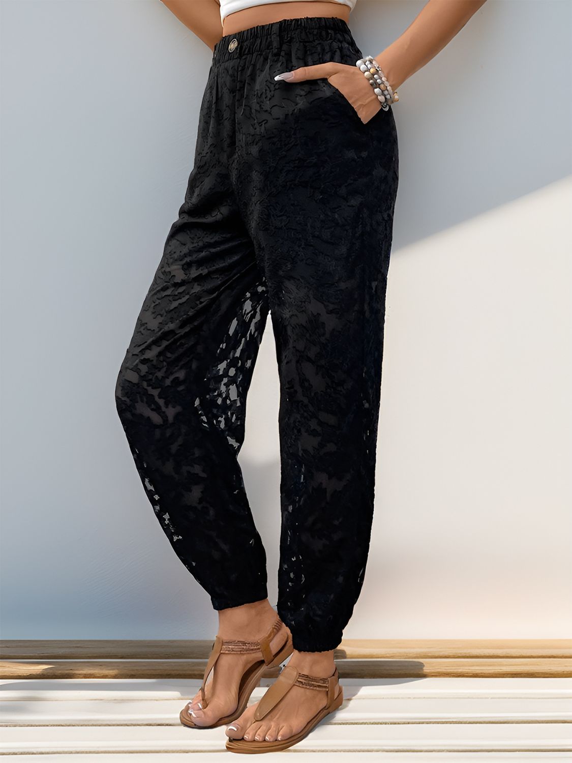 Pocketed lace elastic waist pants, semi-sheer.
