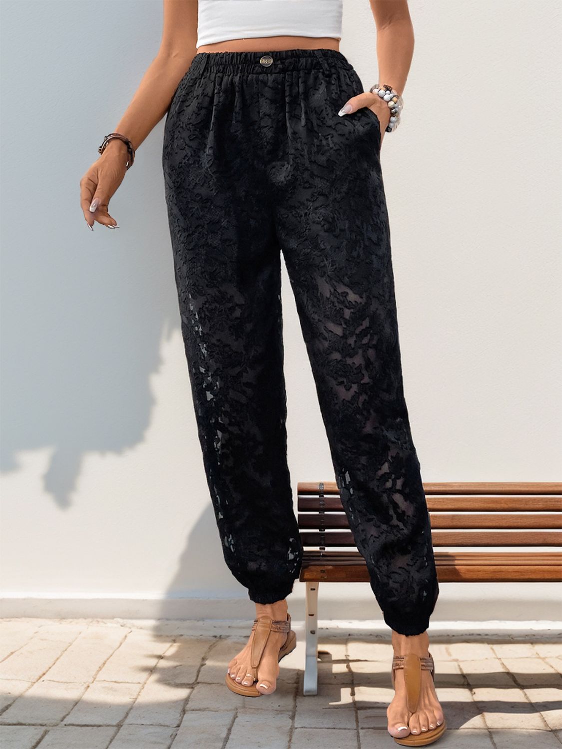 Pocketed lace elastic waist pants, semi-sheer.