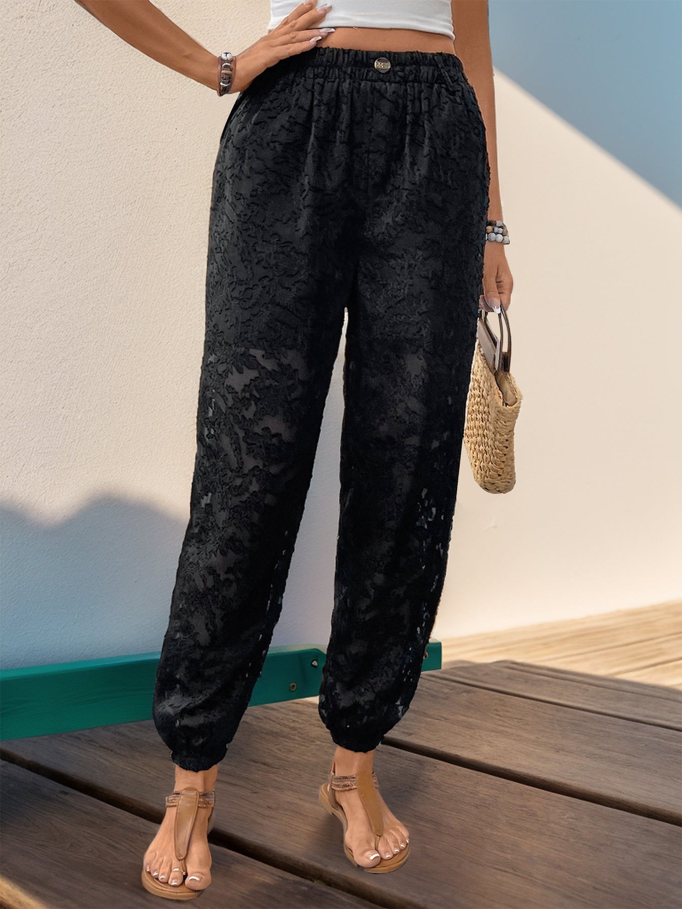 Pocketed lace elastic waist pants, semi-sheer.