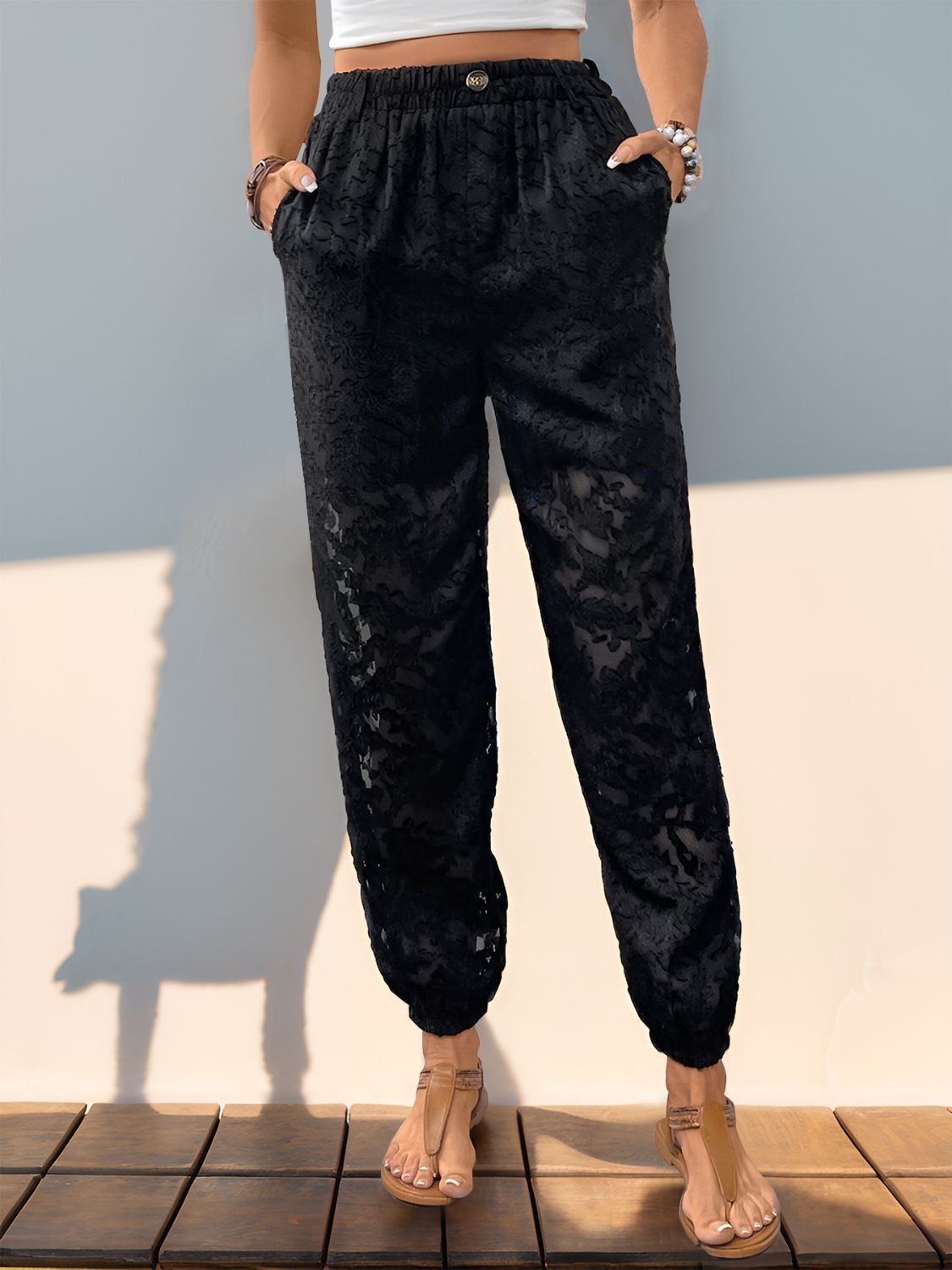 Pocketed lace elastic waist pants, semi-sheer.