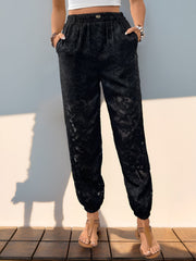 Pocketed lace elastic waist pants, semi-sheer.