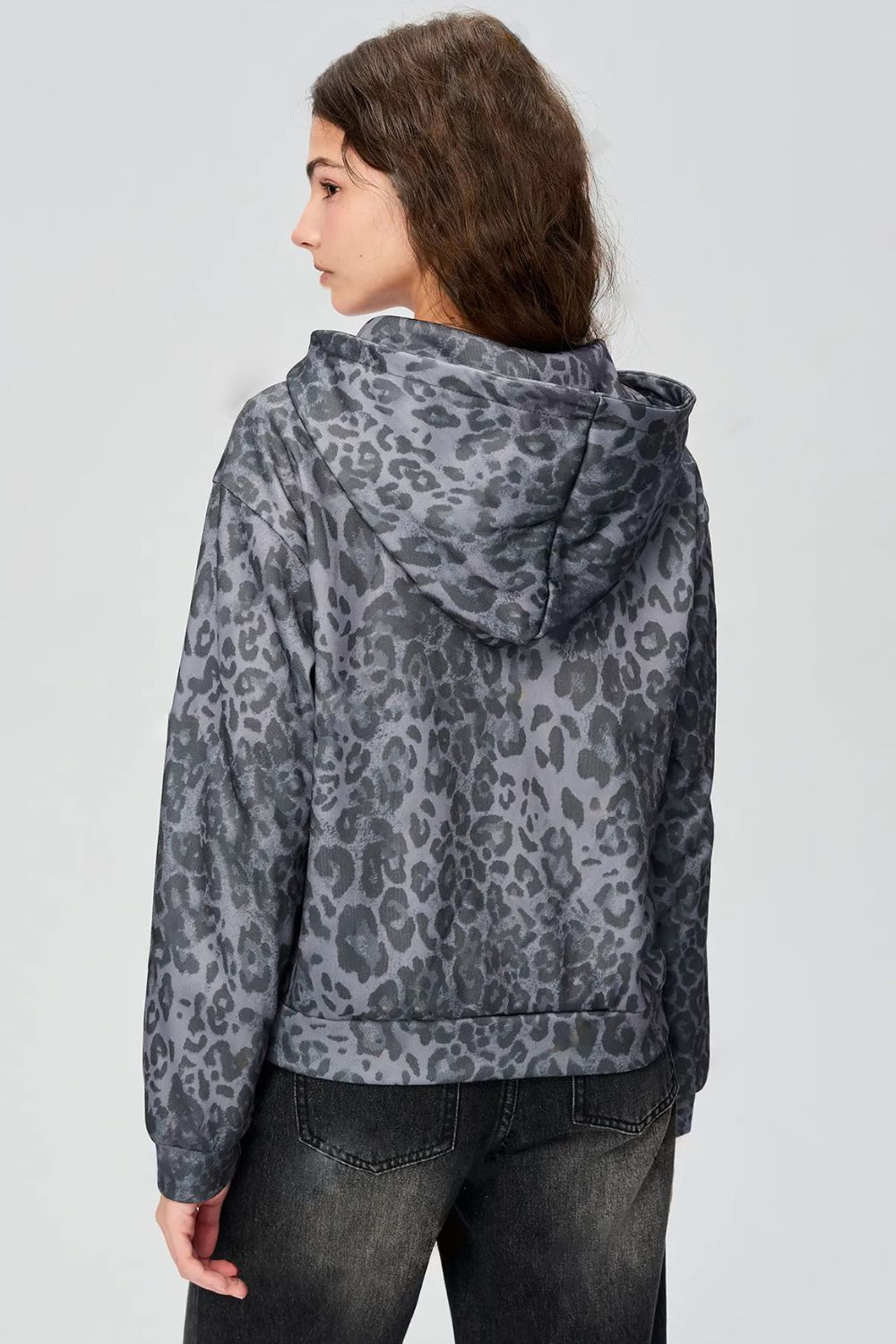 Pocketed leopard print zip up hooded jacket.