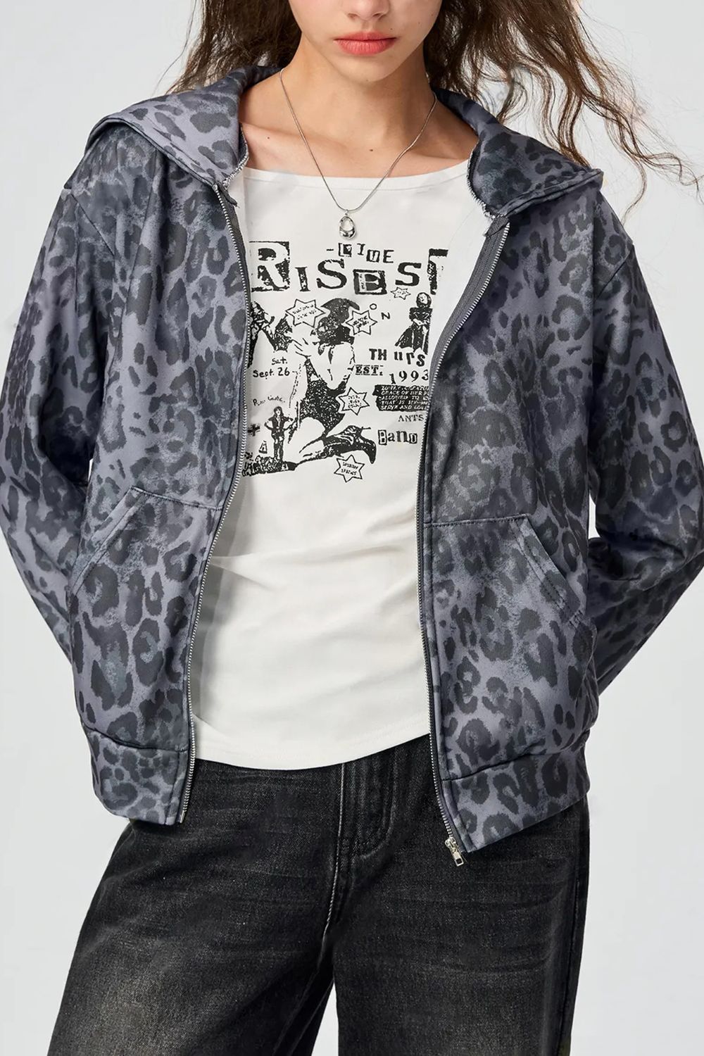 Pocketed leopard print zip up hooded jacket.