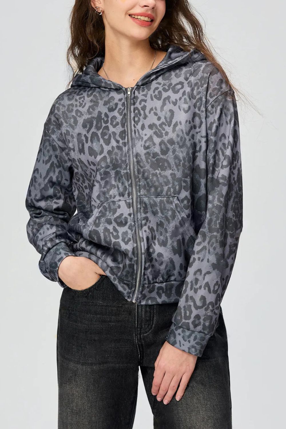Pocketed leopard print zip up hooded jacket.