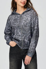 Pocketed leopard print zip up hooded jacket.