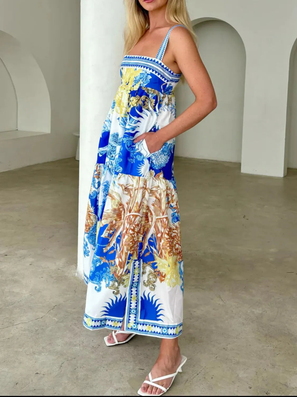 Pocketed Printed Sleeveless Cami Dress.