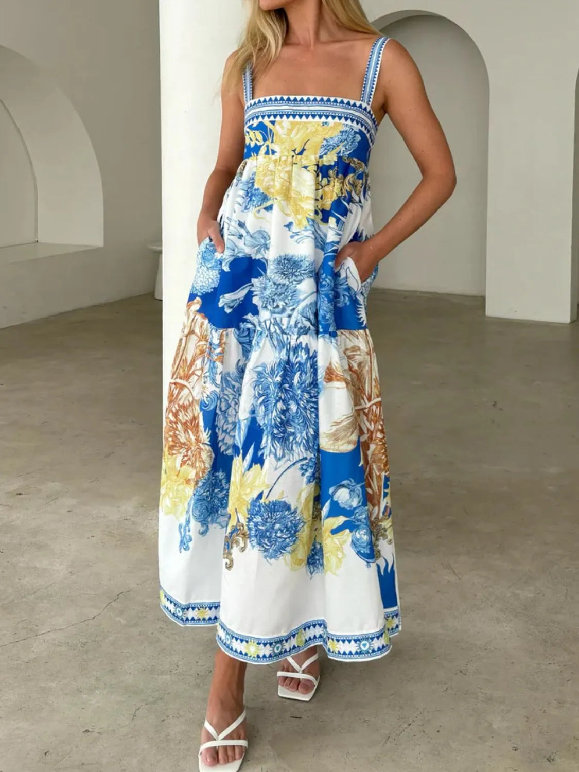 Pocketed Printed Sleeveless Cami Dress.