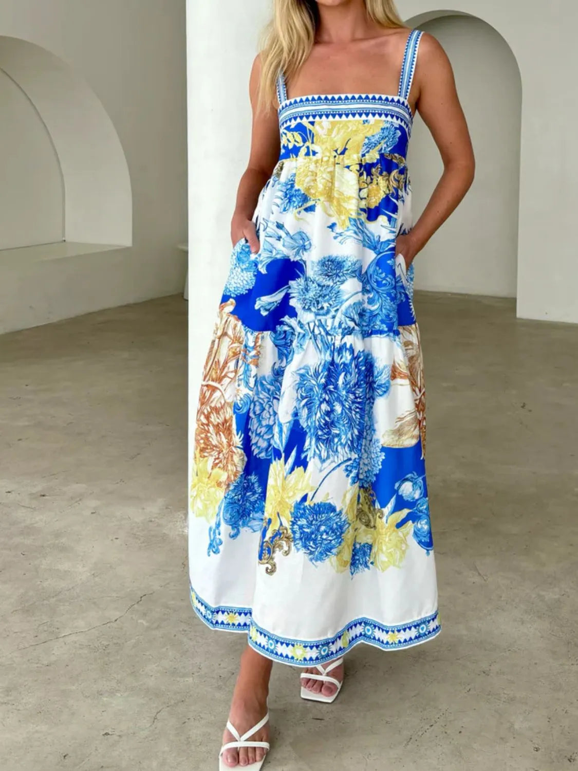 Pocketed Printed Sleeveless Cami Dress.