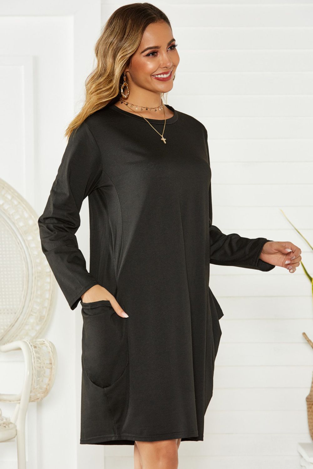 Pocketed Round Neck Long Sleeve Dress.