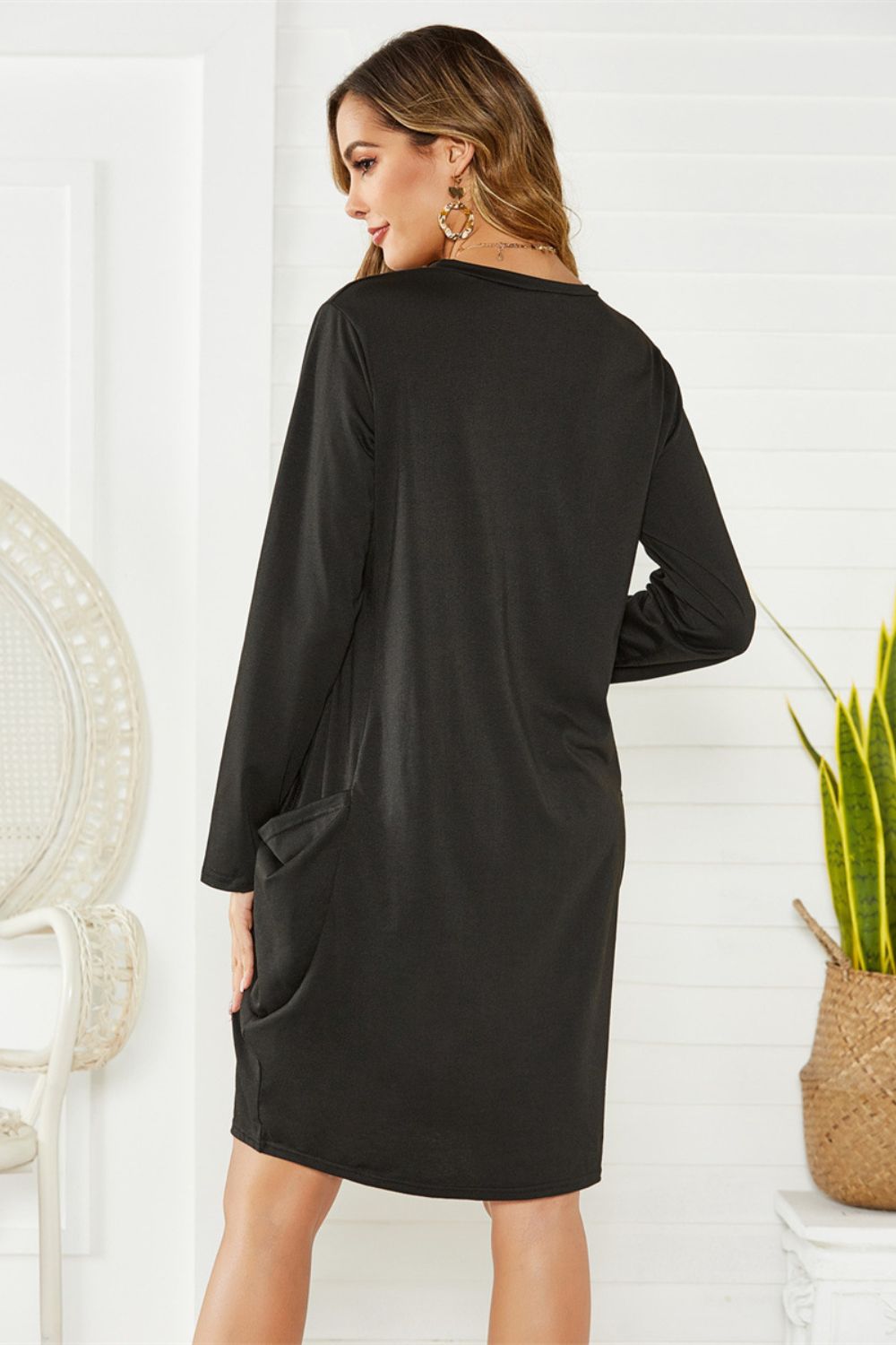 Pocketed Round Neck Long Sleeve Dress.