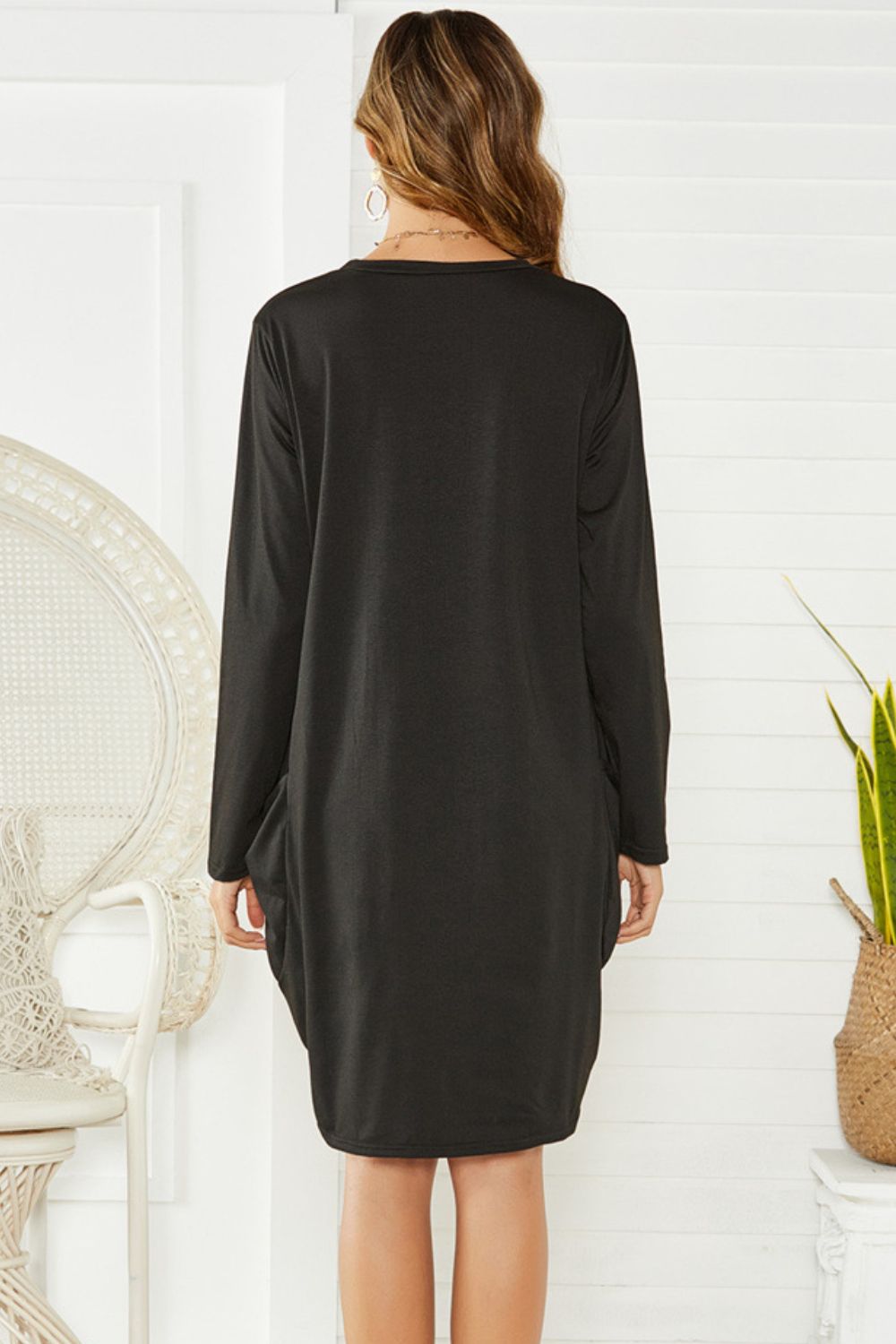 Pocketed Round Neck Long Sleeve Dress.