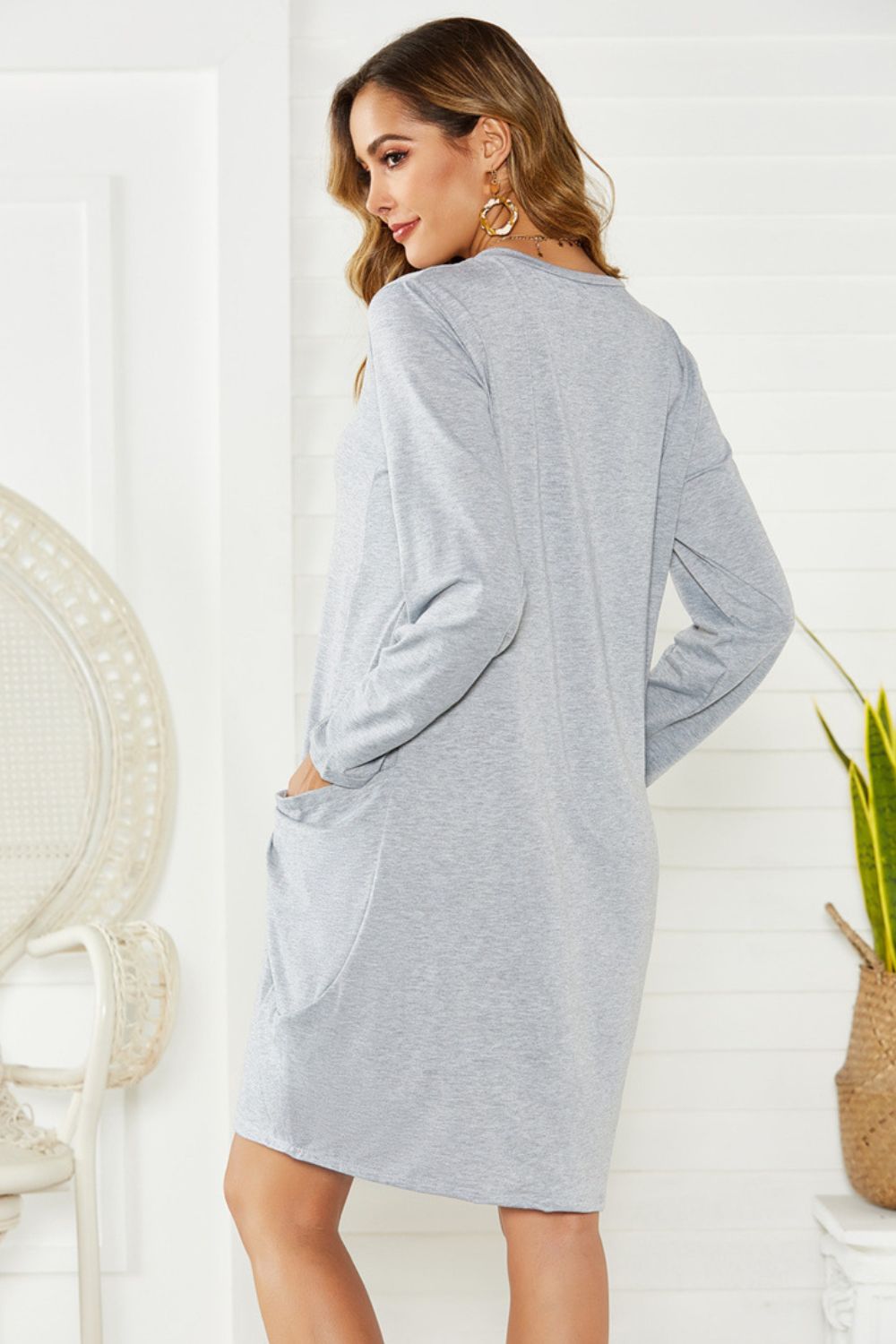 Pocketed Round Neck Long Sleeve Dress.