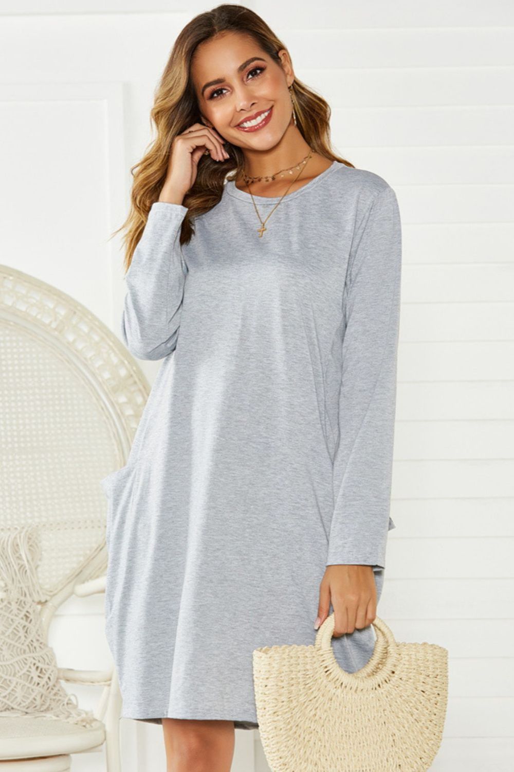 Pocketed Round Neck Long Sleeve Dress.