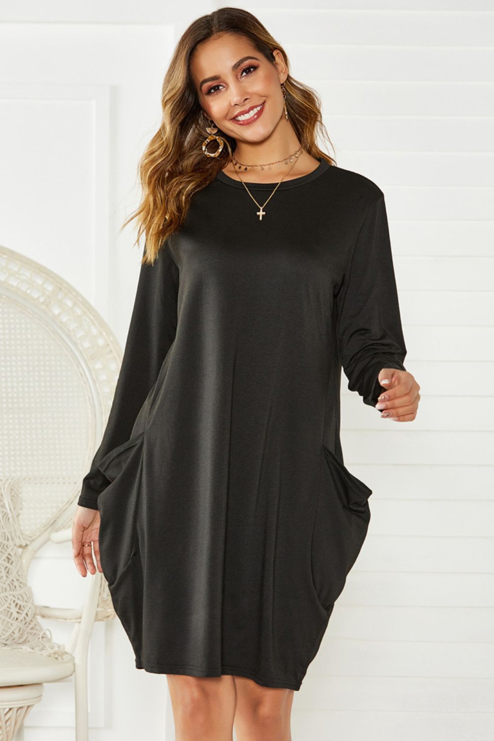 Pocketed Round Neck Long Sleeve Dress.