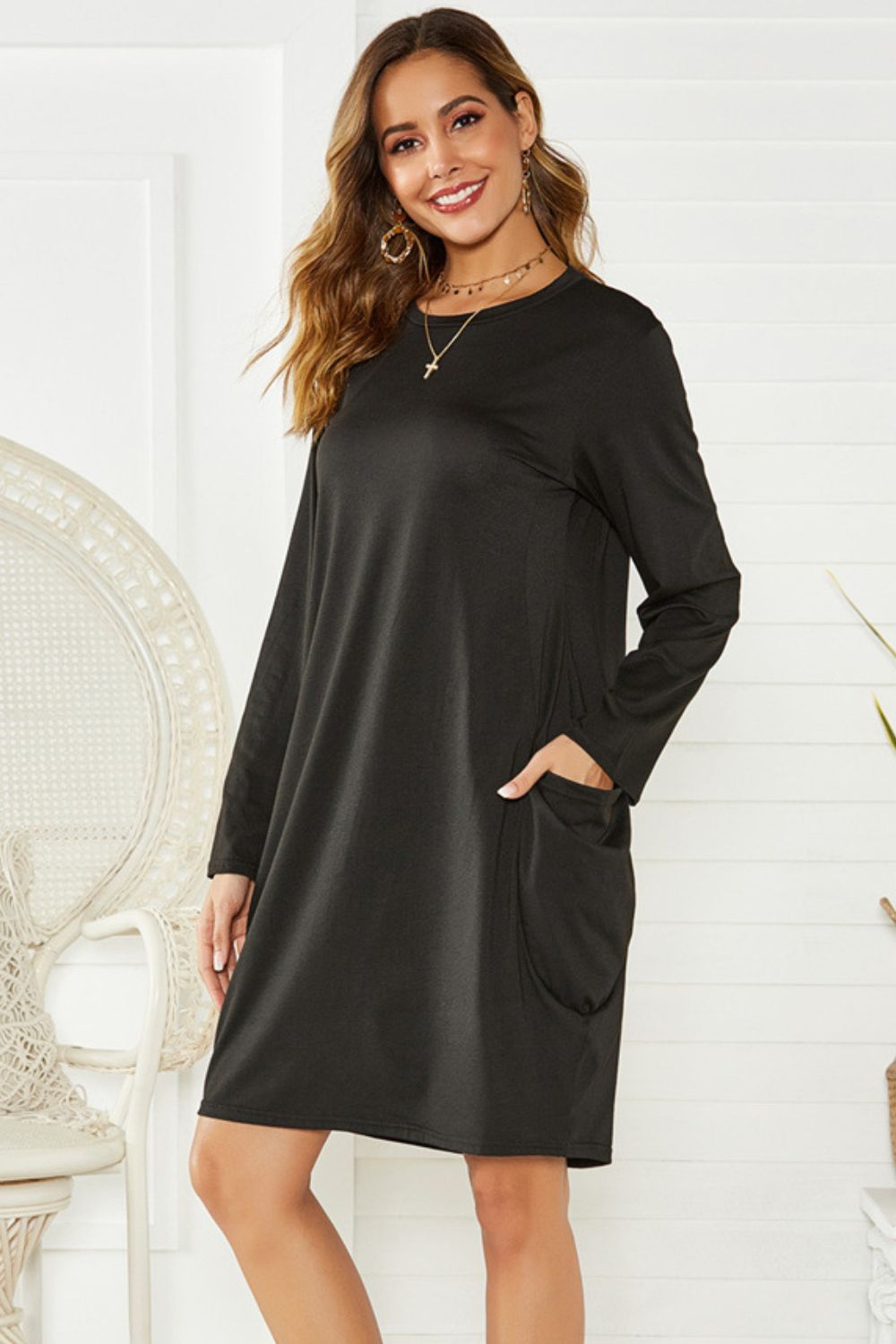 Pocketed Round Neck Long Sleeve Dress.