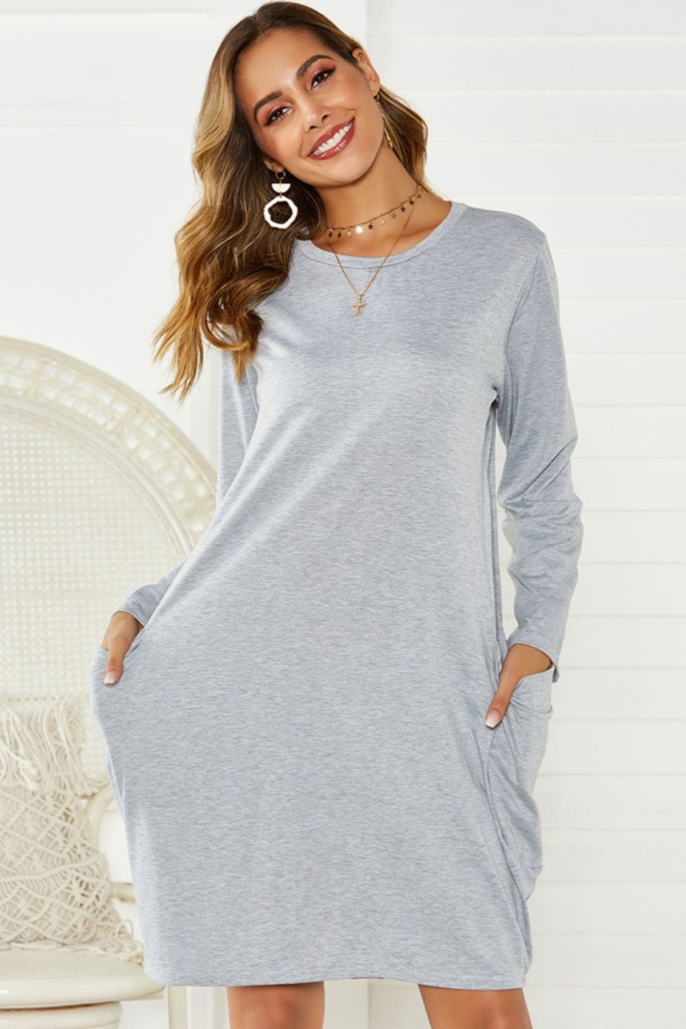 Pocketed Round Neck Long Sleeve Dress.