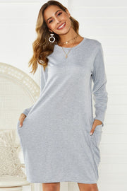 Pocketed Round Neck Long Sleeve Dress.
