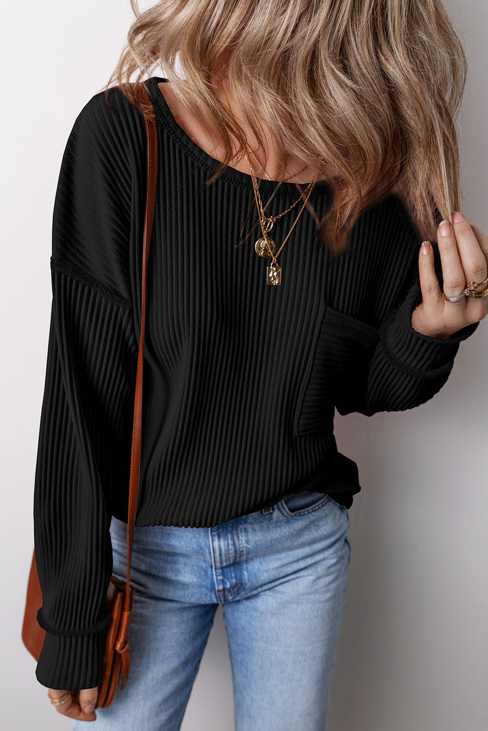Pocketed Round Neck Long Sleeve Top.