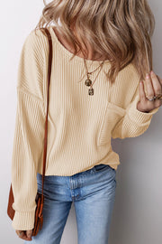 Pocketed Round Neck Long Sleeve Top.