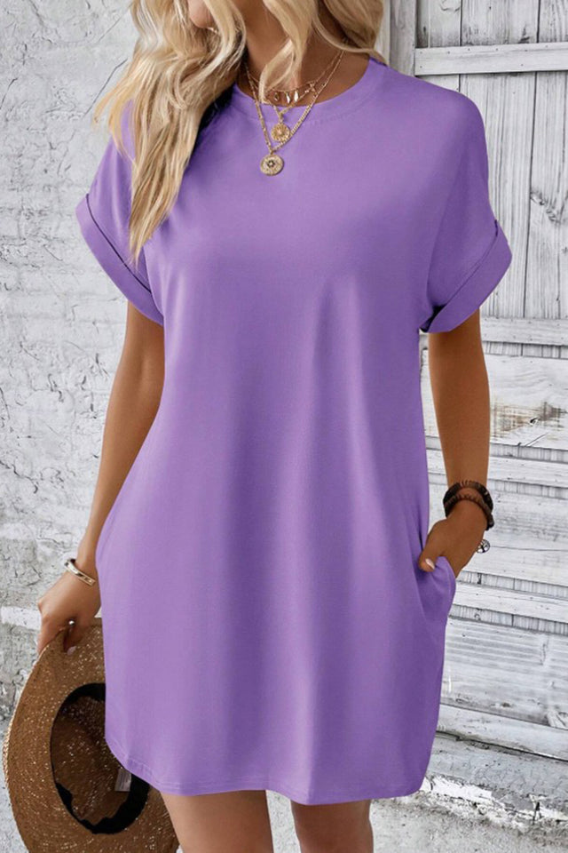 Pocketed Round Neck Short Sleeve Dress.