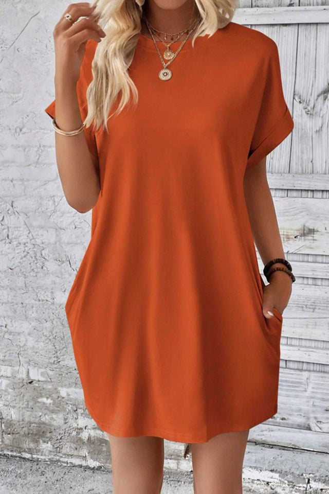 Pocketed Round Neck Short Sleeve Dress.