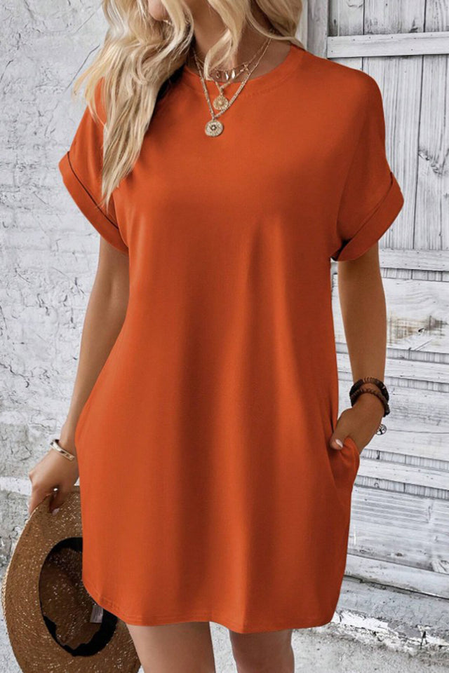 Pocketed Round Neck Short Sleeve Dress.