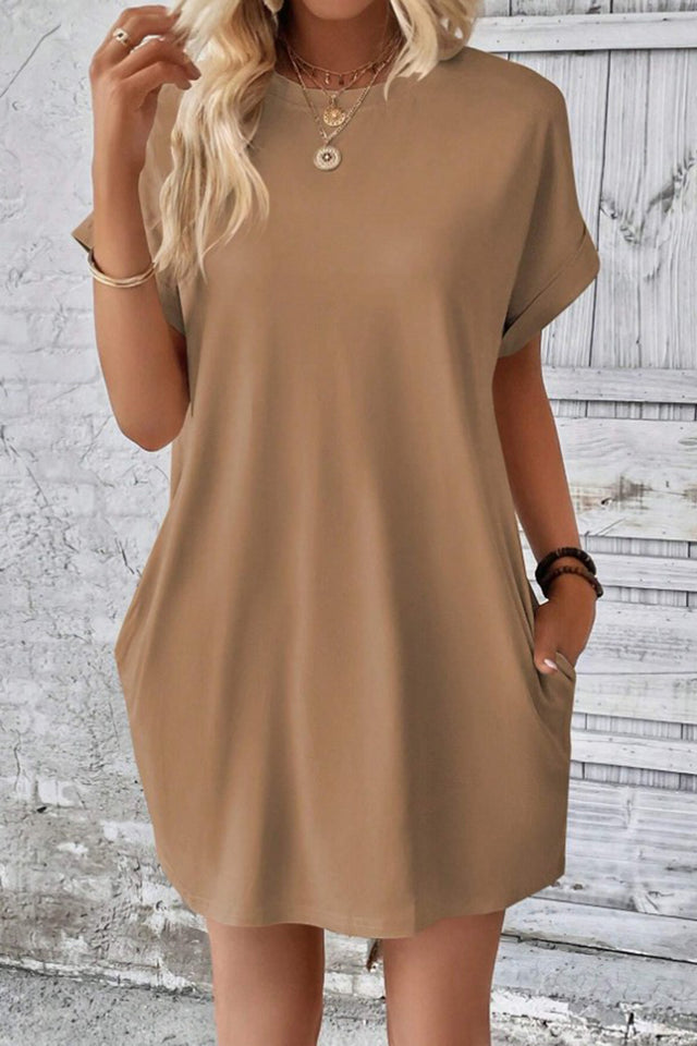 Pocketed Round Neck Short Sleeve Dress.