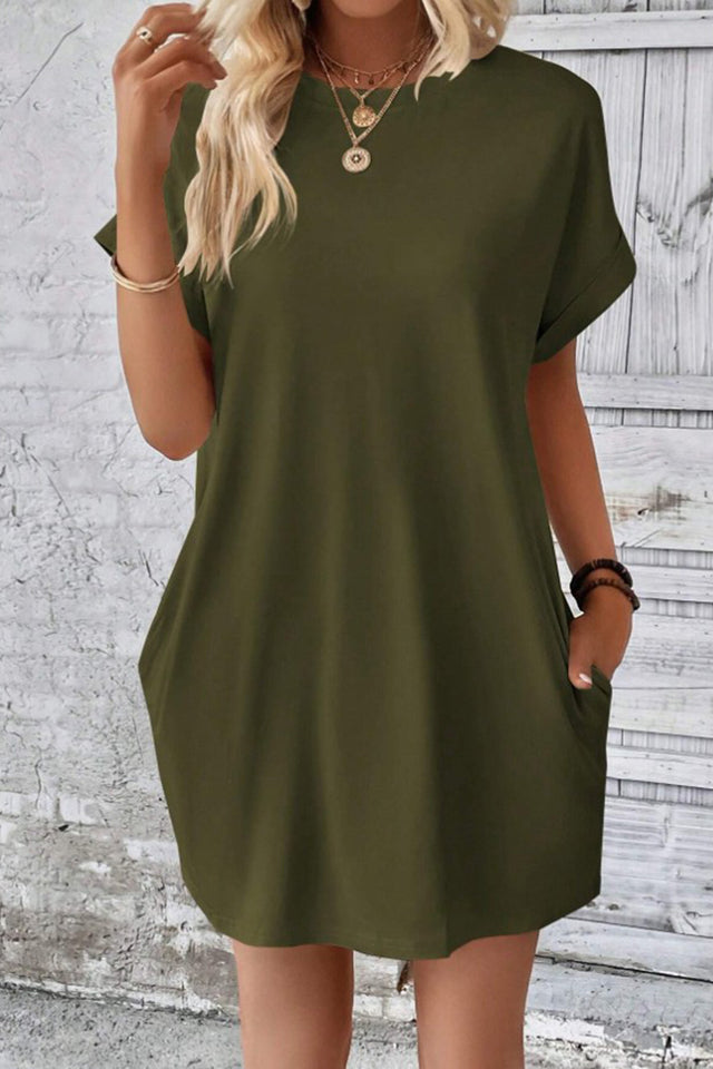 Pocketed Round Neck Short Sleeve Dress.