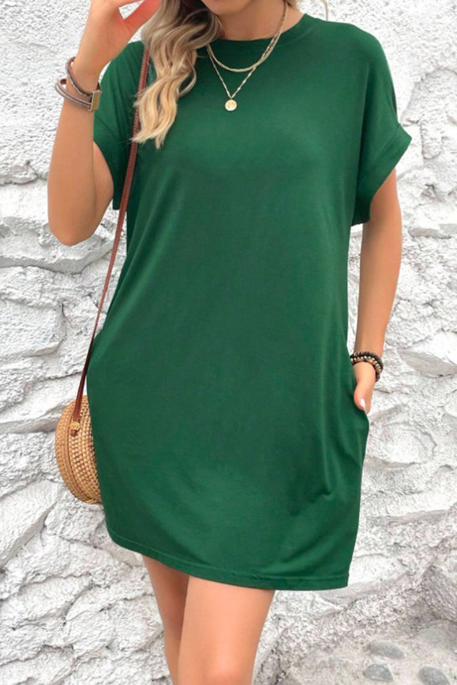 Pocketed Round Neck Short Sleeve Dress.