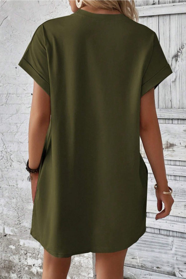 Pocketed Round Neck Short Sleeve Dress.