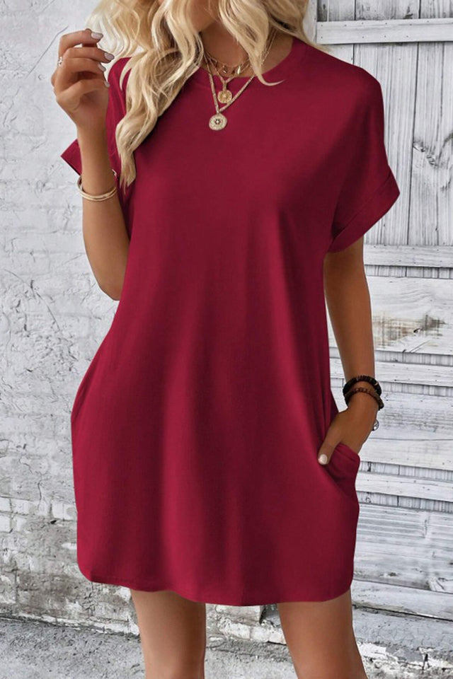 Pocketed Round Neck Short Sleeve Dress.