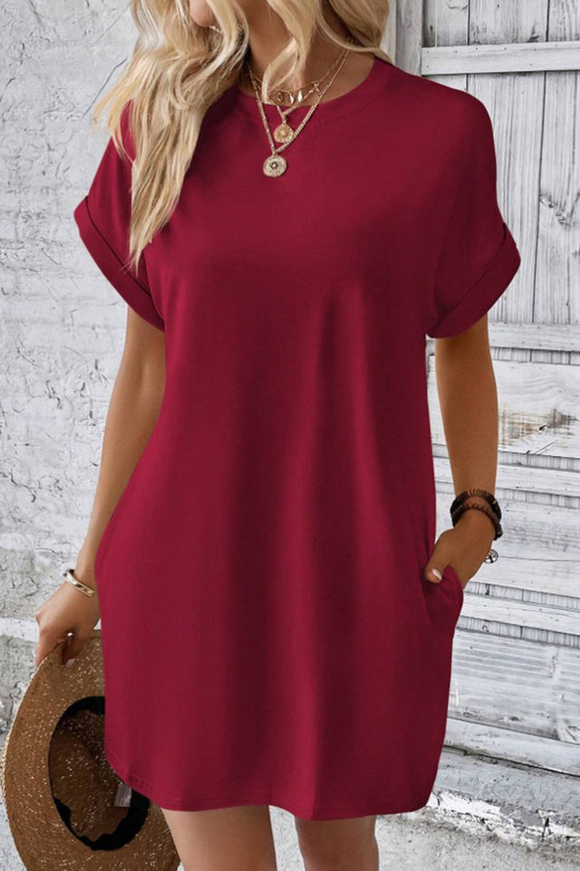 Pocketed Round Neck Short Sleeve Dress.