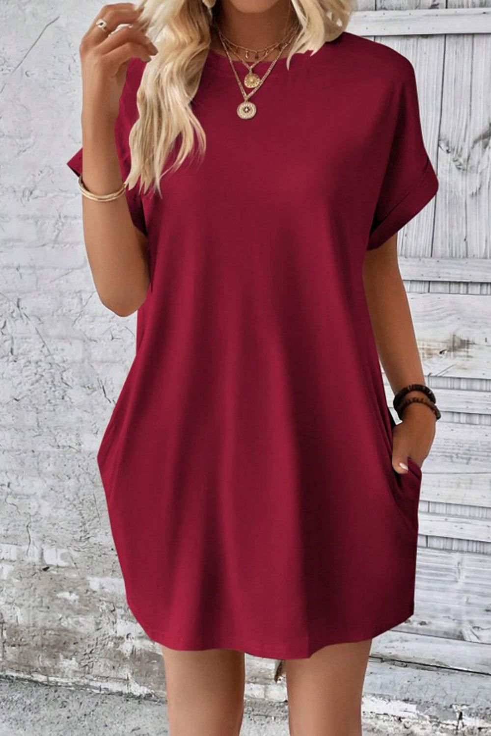 Pocketed Round Neck Short Sleeve Dress.