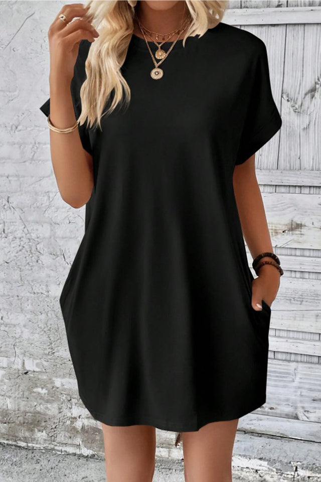 Pocketed Round Neck Short Sleeve Dress.