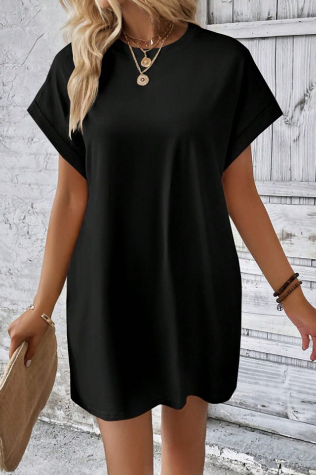 Pocketed Round Neck Short Sleeve Dress.
