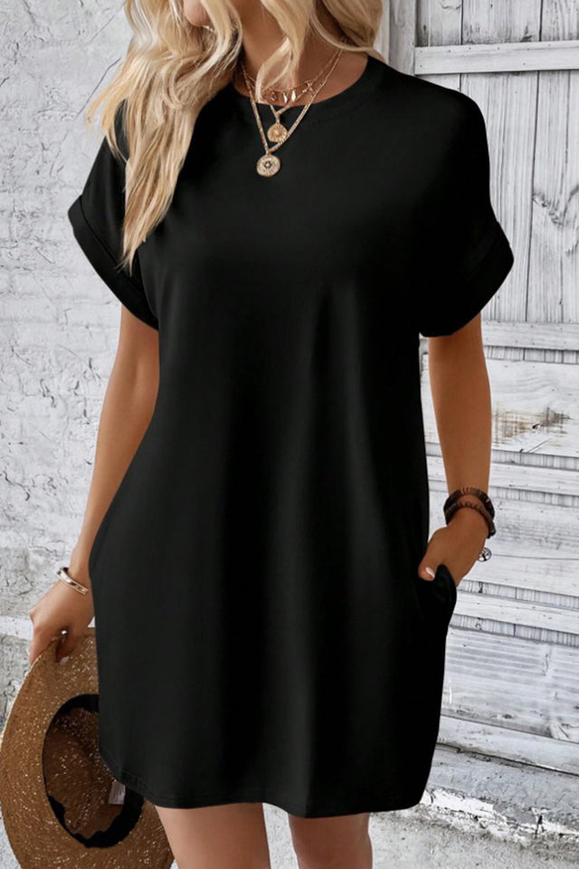 Pocketed Round Neck Short Sleeve Dress.