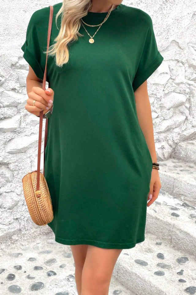 Pocketed Round Neck Short Sleeve Dress.