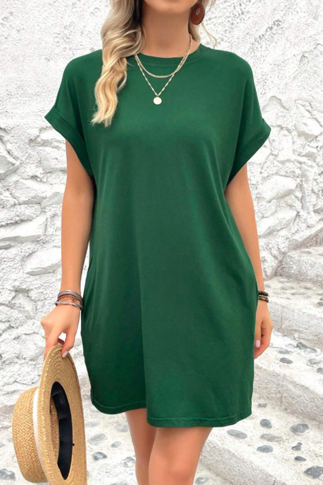 Pocketed Round Neck Short Sleeve Dress.
