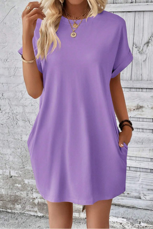 Pocketed Round Neck Short Sleeve Dress.