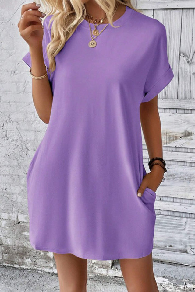 Pocketed Round Neck Short Sleeve Dress.