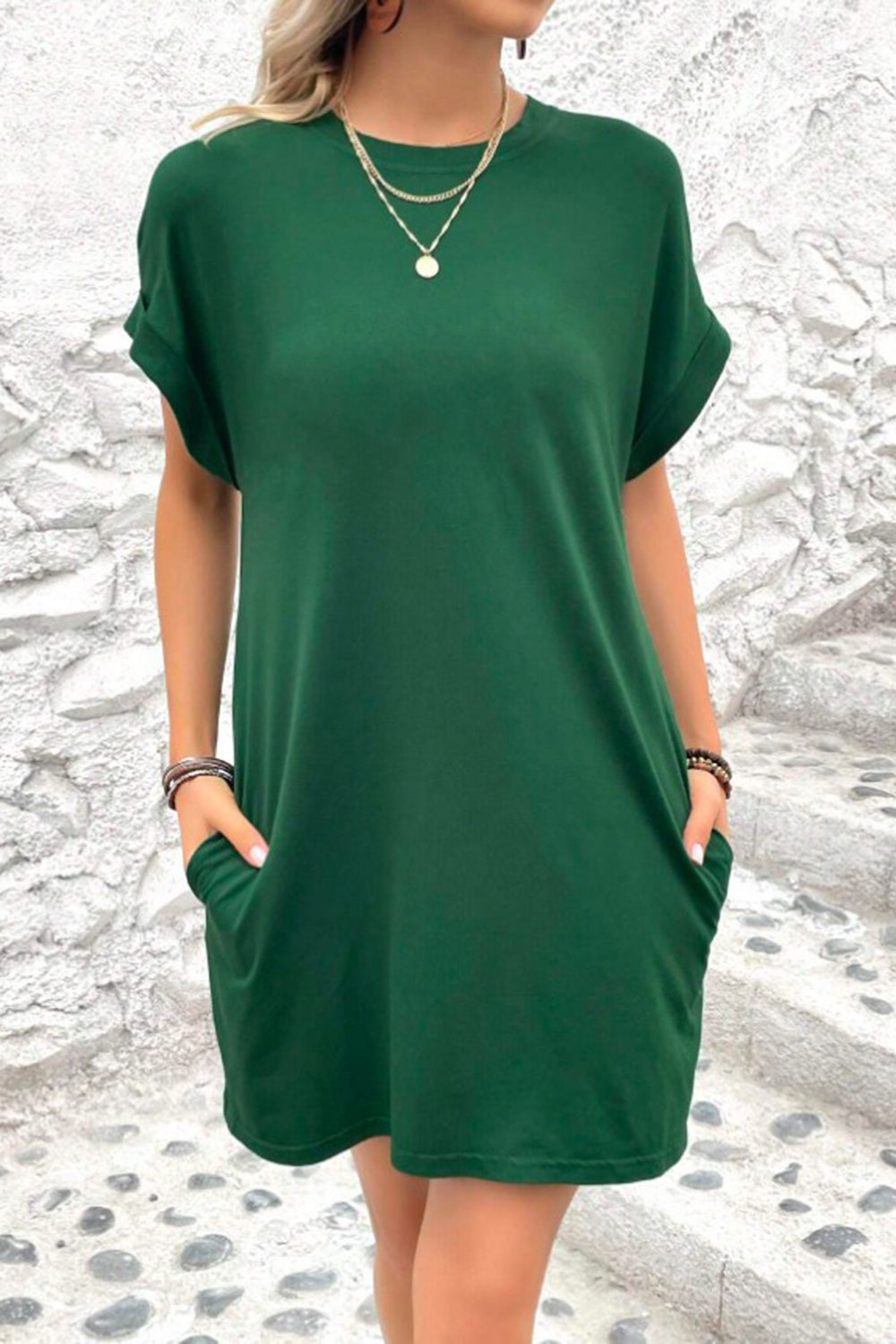Pocketed Round Neck Short Sleeve Dress.
