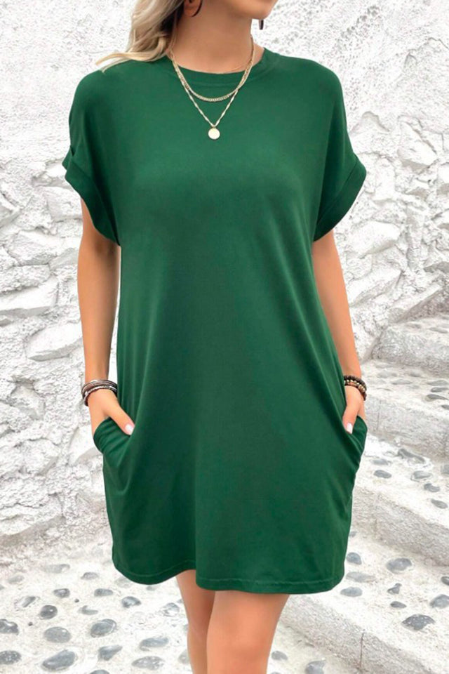Pocketed Round Neck Short Sleeve Dress.