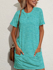 Pocketed Round Neck Short Sleeve Mini Tee Dress.