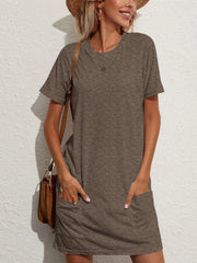 Pocketed Round Neck Short Sleeve Mini Tee Dress.