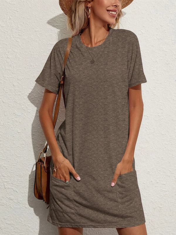 Pocketed Round Neck Short Sleeve Mini Tee Dress.